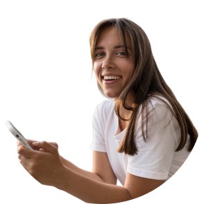 Smiling woman holding her phone