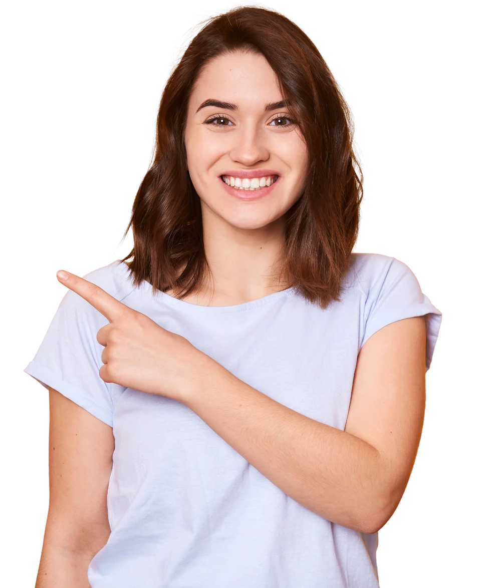 Smiling woman pointing to the left